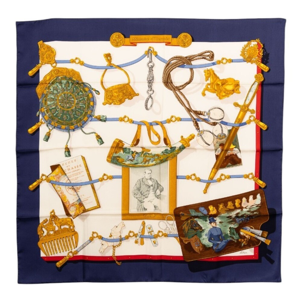 Hermes Carre 90 Memoire d'Hermes Scarf/Muffler, Navy, White, Multicolor, Silk...